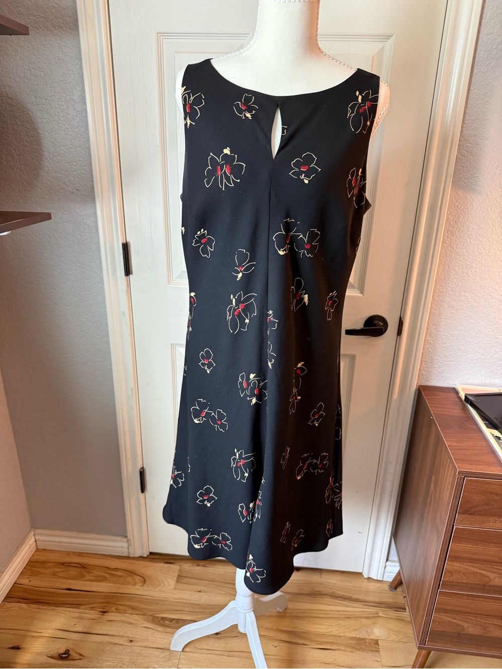LOFT Black Midi Dress with Red and Gold Floral Accents